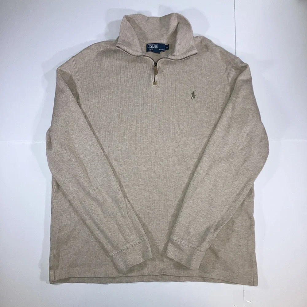 Polo Ralph Lauren Men's XL Oatmeal Cotton Knit 1/4 Zip Mock Neck Sweater